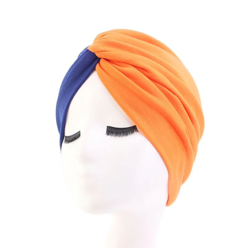 blue and orange Новая модная женская тюрбан мягкая хлопковая перекрученная повязка на голову богемный тюрбан, головной платок Кепка chemo Бандана Хиджаб головной убор-тюрбан - Цвет: blue and orange
