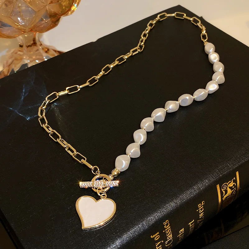 

Stainless Steel Chain Luxury Irregular Pearl Heart Pendant Necklace Jewelry OT Clasp Women Collar Necklaces collars