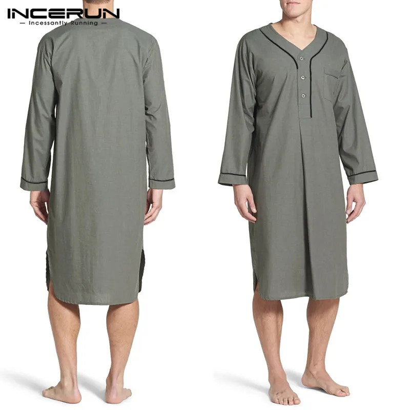 INCERUN Men Sleep Robes 2022 Long Sleeve V Neck Button Homewear Leisure Cozy Bathrobe High Quality Mens Nightgown Pajamas Dress