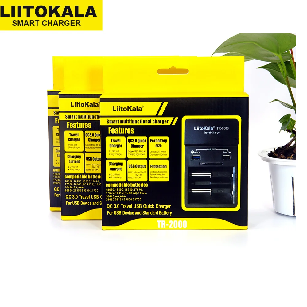 LiitoKala TR-2000 18650 Charger Battery Charger and USB QC3.0 output Travel charger For 18650 26650 21700 AA and 5V electronics