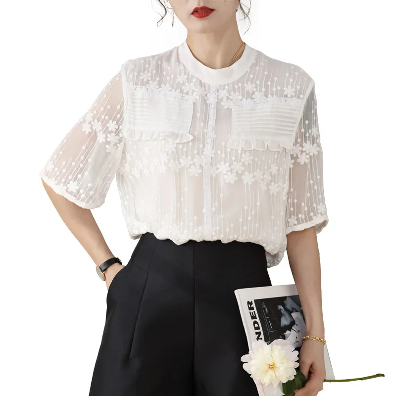 

Gezelligheid Silk Shirts For Women 2021 Summer Embroidery Elegant Slim Fashion White O Neck Hollow Out 100% Natural Silk Tops