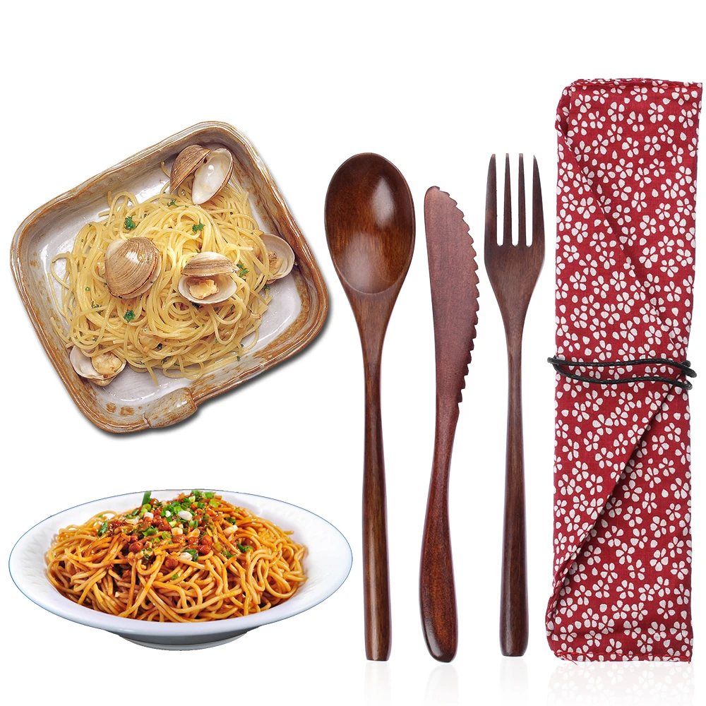 Набор деревянных столовых приборов ложка-вилка портативная деревянная