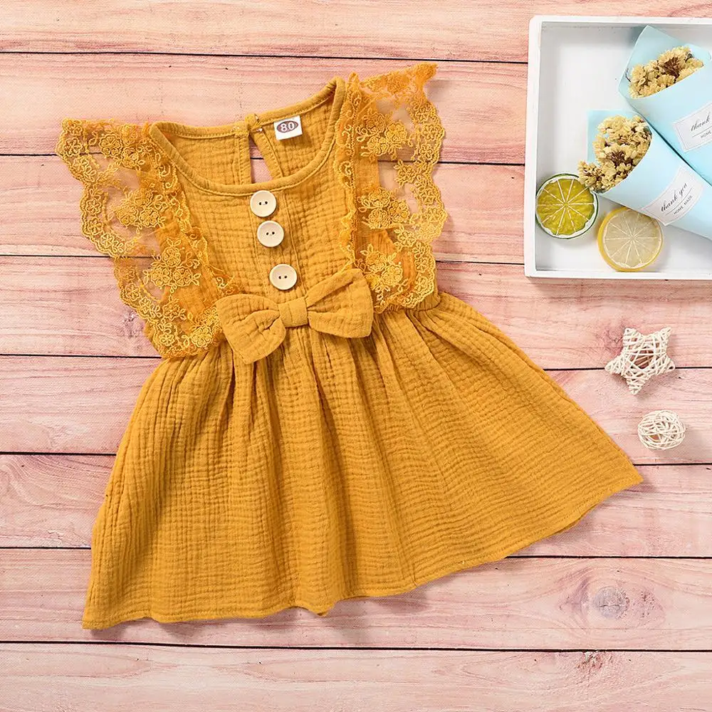 Детское хлопковое льняное летнее платье для девочек кружевное однотонное