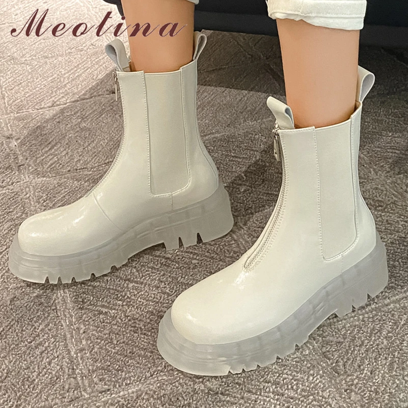 

Женские ботильоны из натуральной кожи Meotina, осенние ботинки на платформе и толстом высоком каблуке, на молнии, черные, белые, 40