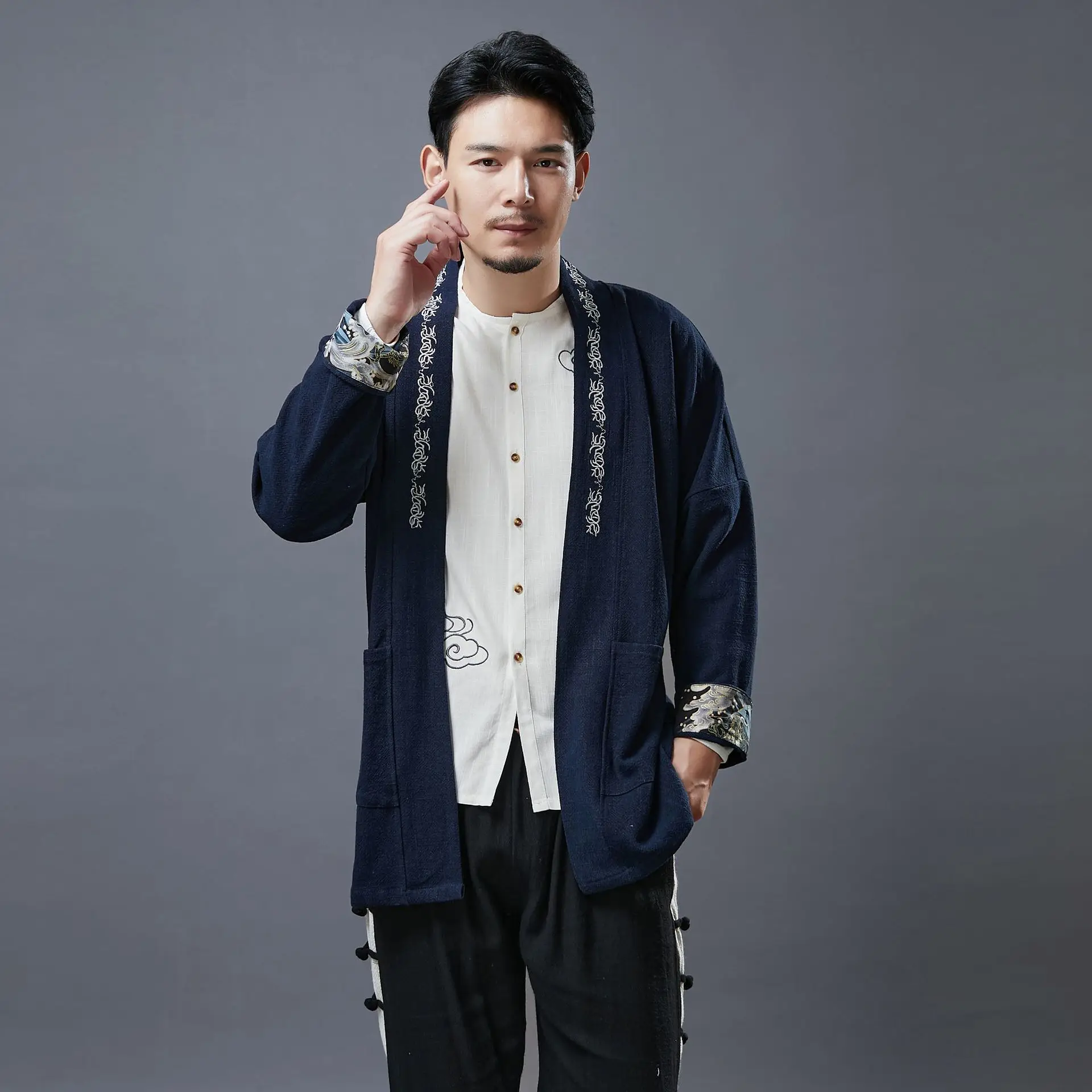 Кардиган в китайском стиле с вышивкой свободное повседневное пальто из хлопка и