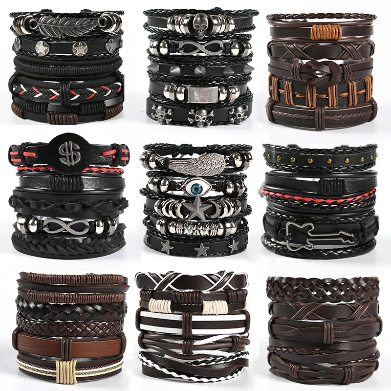 

Mens Braided Genuine Leather Bracelet Stainless Steel Custom Beads Name Charm Bracelet for Men with Family Names