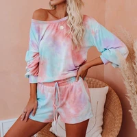 2020 new womens tie dyed drawstring home wear long sleeve shorts set one piece outfit jumpsuit women
