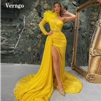 verngo glitter bright yellow mermaid prom dresses long sleeve feather crystal sash one shoulder slit evening gowns dubai women