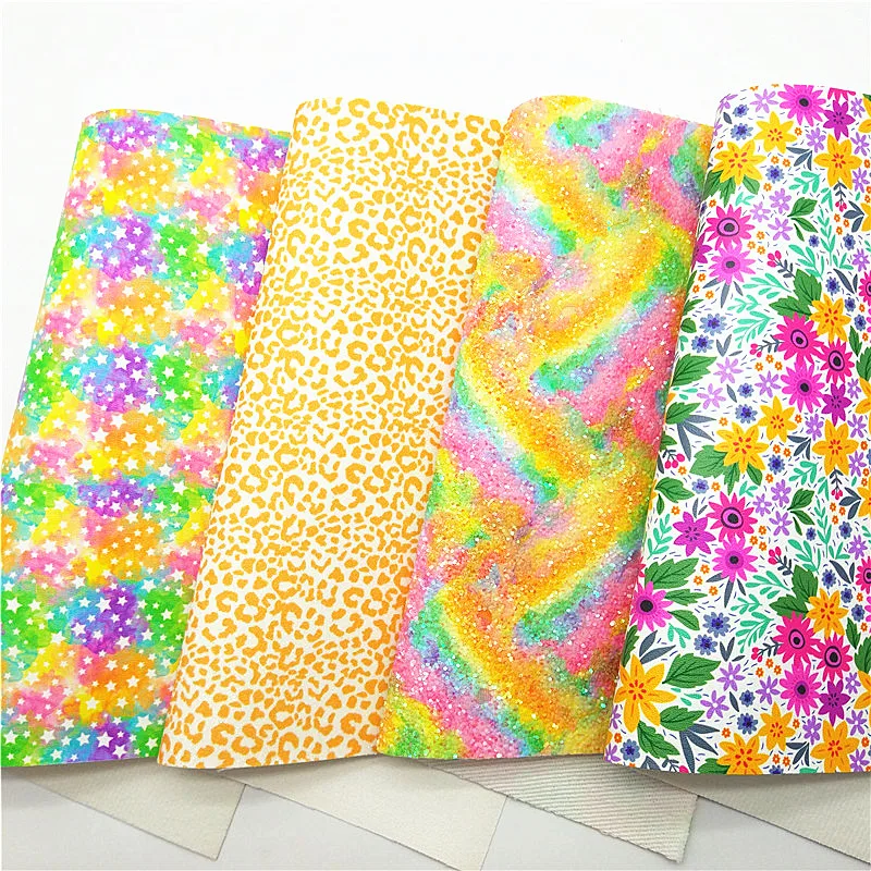 Радужная массивная блестящая кожа леопардовые цветы звезды принт синтетическая