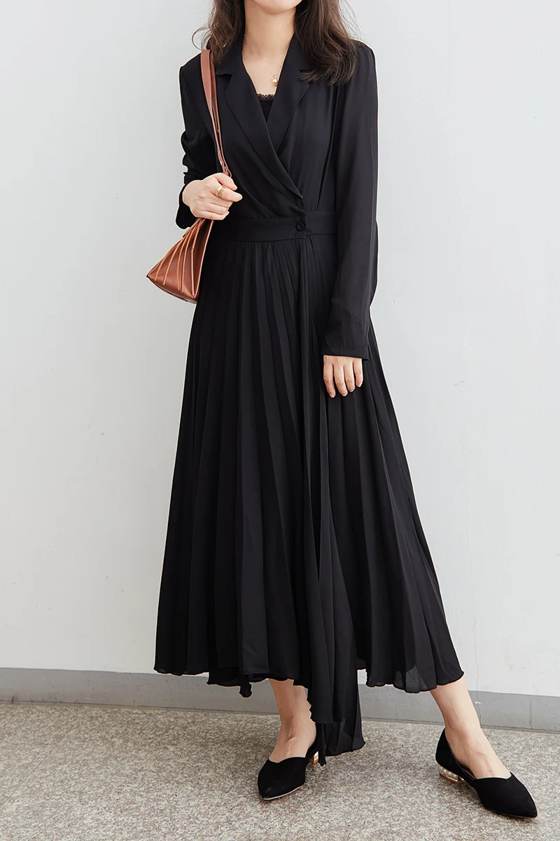 

Осеннее однотонное плиссированное платье с запахом на воротнике и поясом, цельное длинное платье выше колена для женщин