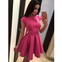 hot pink prom dresses neck a line satin above knee length sexy backless short sleeves custom made evening party gown vestidos fo