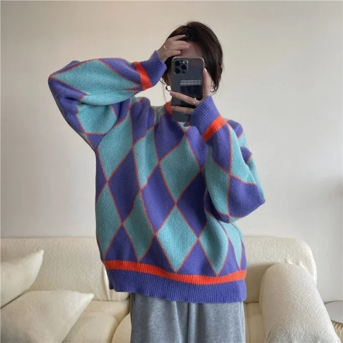

Контрастный свитер в клетку со стразами, Осень-зима, теплый пуловер с круглым вырезом, шикарный Свободный Топ для женщин