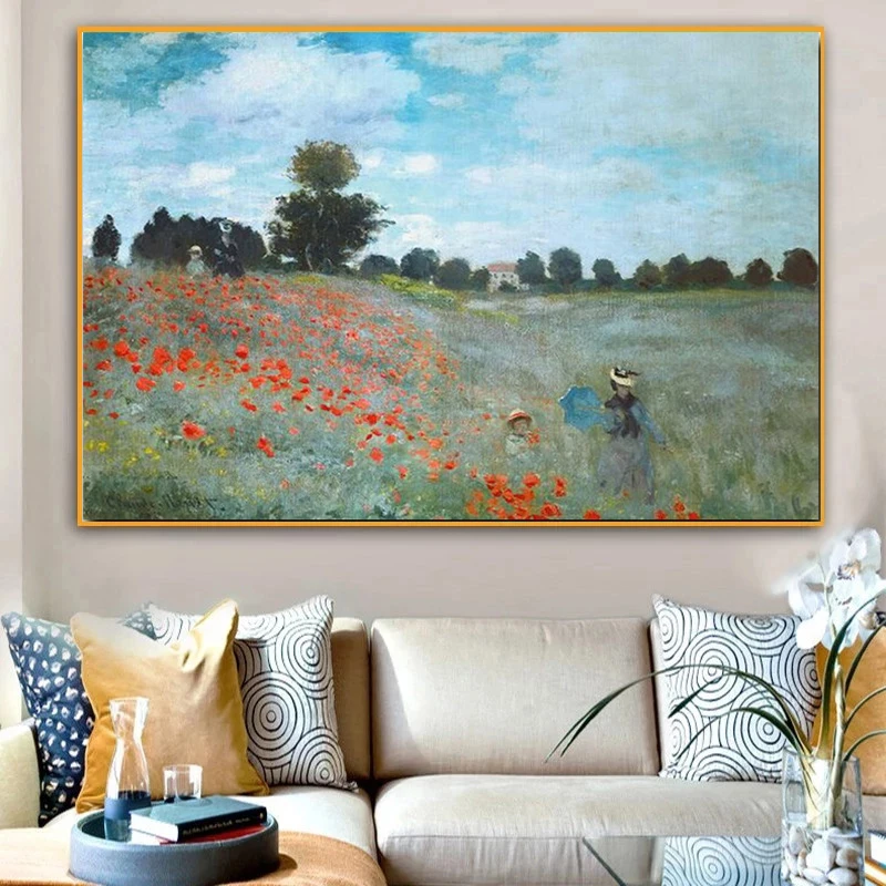 

Monet Famous The Poppy Field By Claude Monet Oil on Canvas Paintings Art Posters and Prints Wall Art Pictures Home Decoration