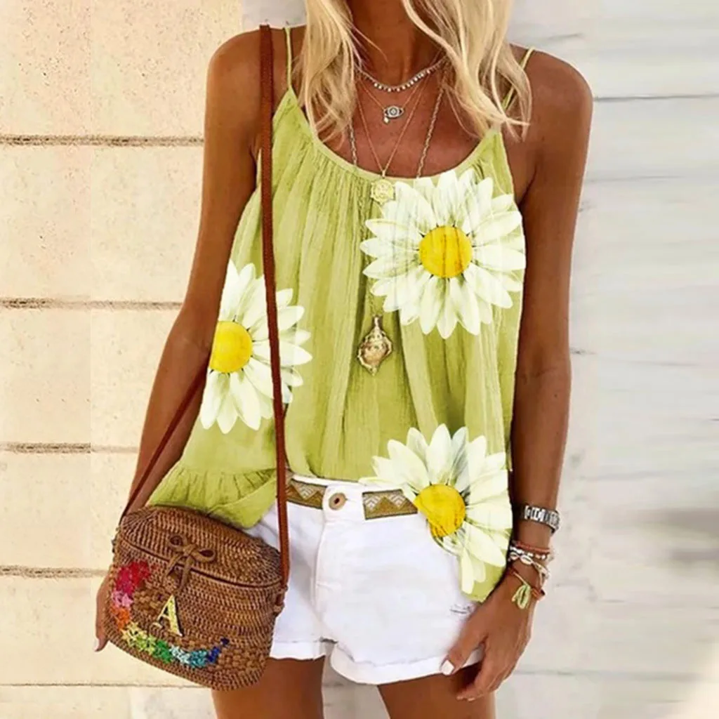 

Summer Sexy Square Collar Sleeveless Blouse Shirt Women Multi-color Print Loose Tops Lady Off Shoulder Camisole Plus Size Blusa