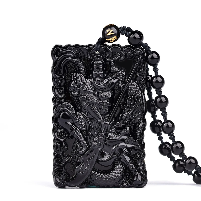 Natural Black Obsidian Guangong Pendant Beads Necklace Fashion Charm Jewellery Carved Amulet Gifts for Women Men | Украшения и