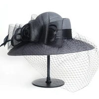 women floppy hat wool floral veil netting feather wide brim derby hat fedoras formal occasion dance party summer beach hat