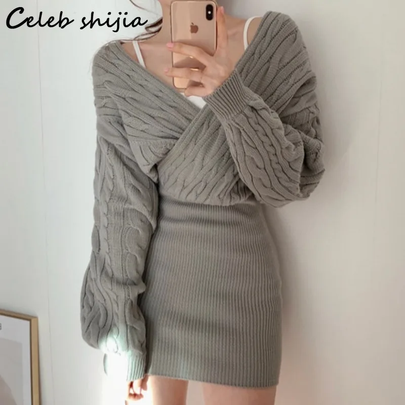 

New Winter Cross Knitted Dress Women Gray High Waisted V-neck Street Sweater Dresses Bodycon Female Autumn OL Clothing