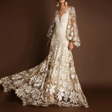 Grogrfairy-vestidos de fiesta de boda para mujer, Vestido de noche blanco con Espalda descubierta, bordado de malla, cuello de pico profundo, moda 2021