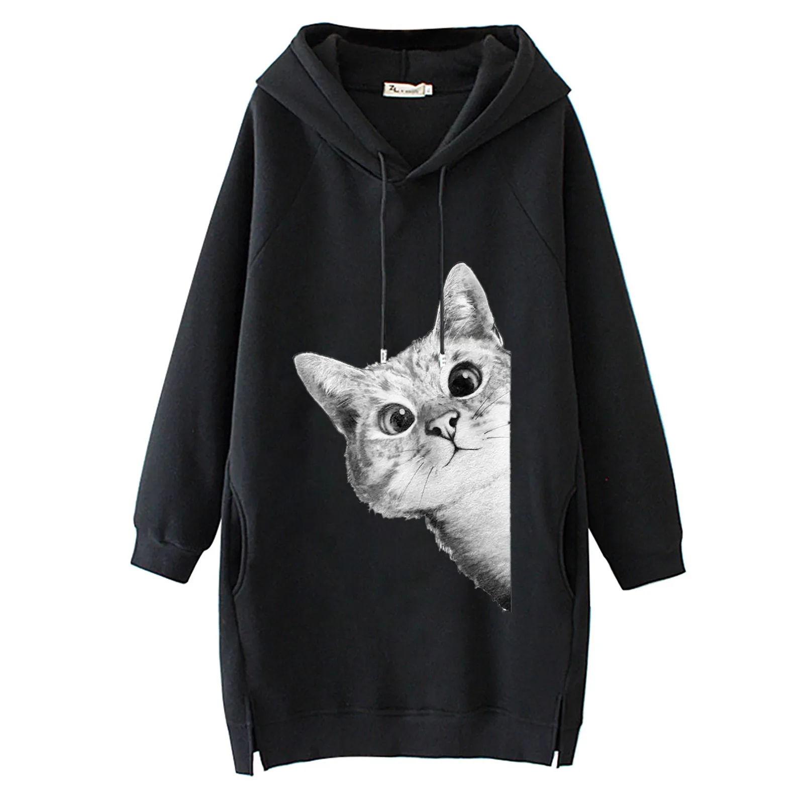 

Sweatshirts Pullovers Hoodies Women Cartoon Cat Print Long Sleeve Splited Hoodie Sweatshirt Pullover Top sudadera mujer