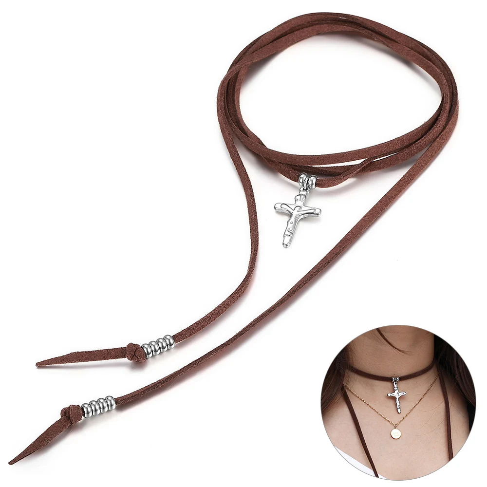 Подвеска с крестиком длинное коричневое бархатное Винтажное колье из кожи для