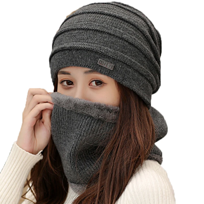 Шапка шарф комплект для мужчин и женщин плотная теплая зимняя шапка бини шапка с кольцом шарф женская мужская шапка бини с флисовой подклад...
