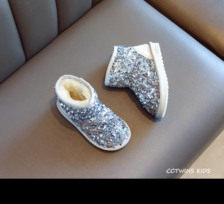 CCTWINS Kids Shoes Winter Girls Fashion Sequin Snow Boots Children Black Sparkly Short Boot for Toddler Glitter Shoe SNB095