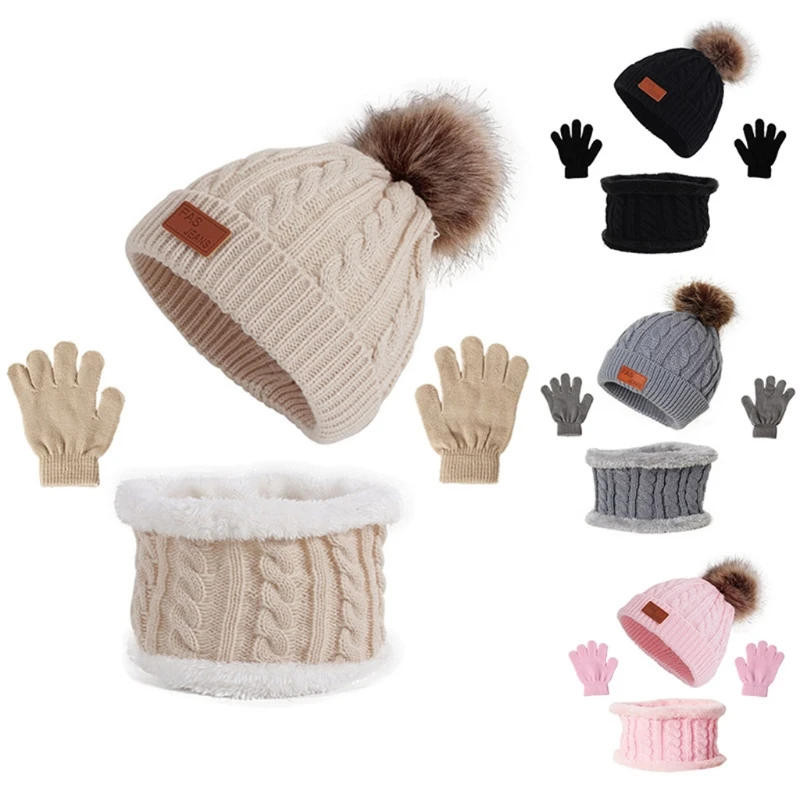 

2023 New 3 Pcs Winter Warm Baby Solid Color Hat Gloves Scarf Set Fur Ball Beanies Cap Mitten Scarves Kit for Toddler Girls Boys