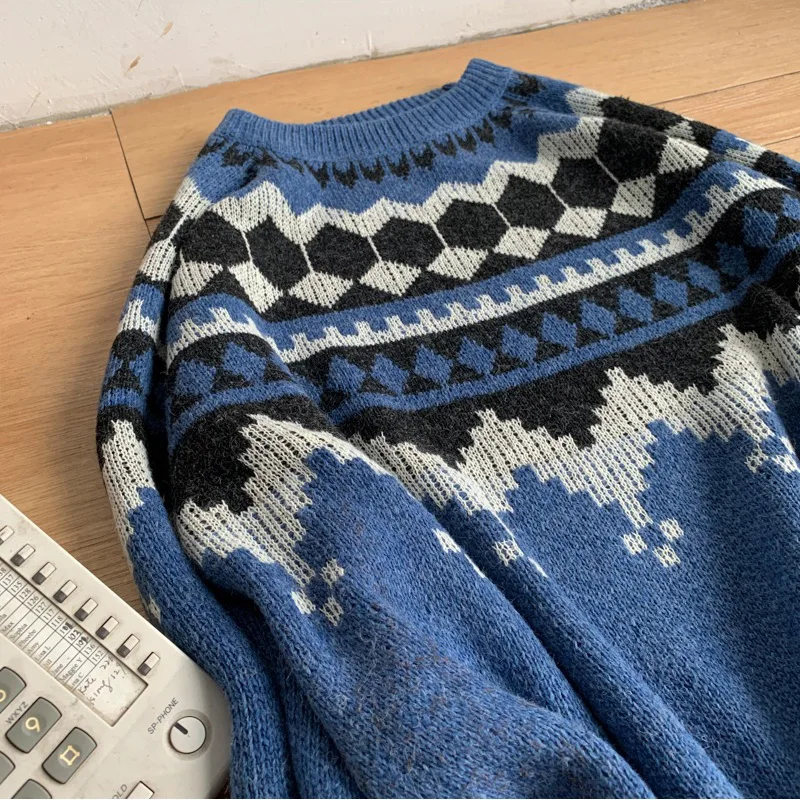 

Men Pullovers Loose O-neck Argyle Long Sleeve Winter Casual All-match Vintage Warm Knitted Sweater Korean Style Male Retro Tops