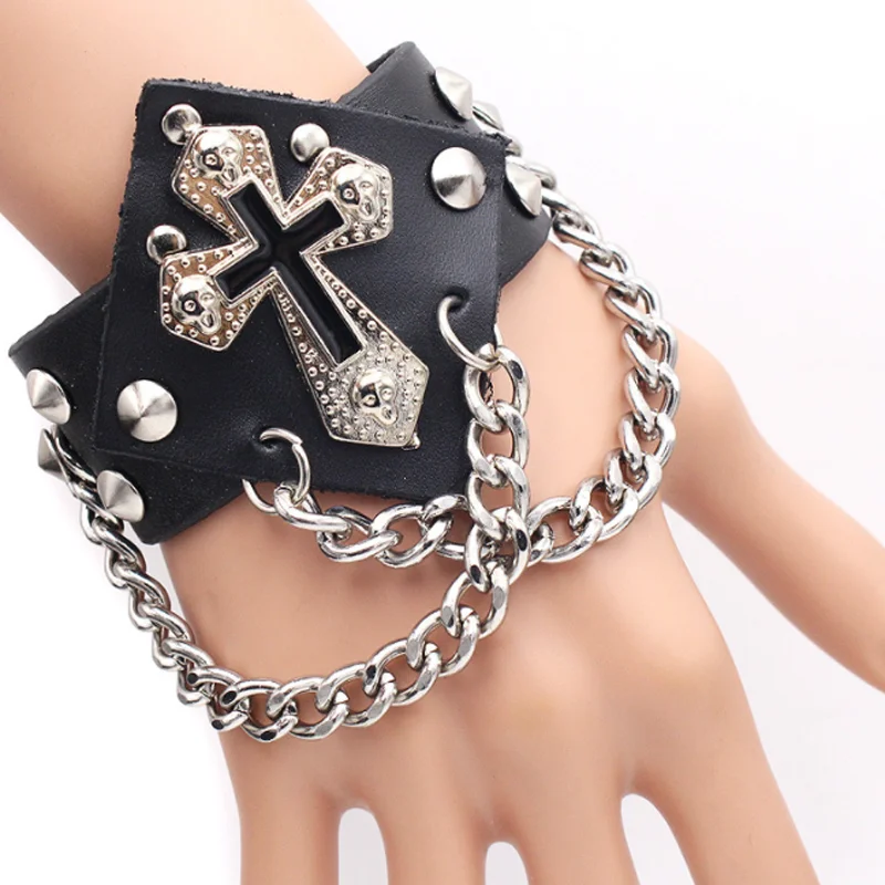 

Gothic Rock Cross Leather Bracelet Punk Black Rivet Bracelet for Men & Women Spikes Bangle Hip-hop Jewelry Dropshipping