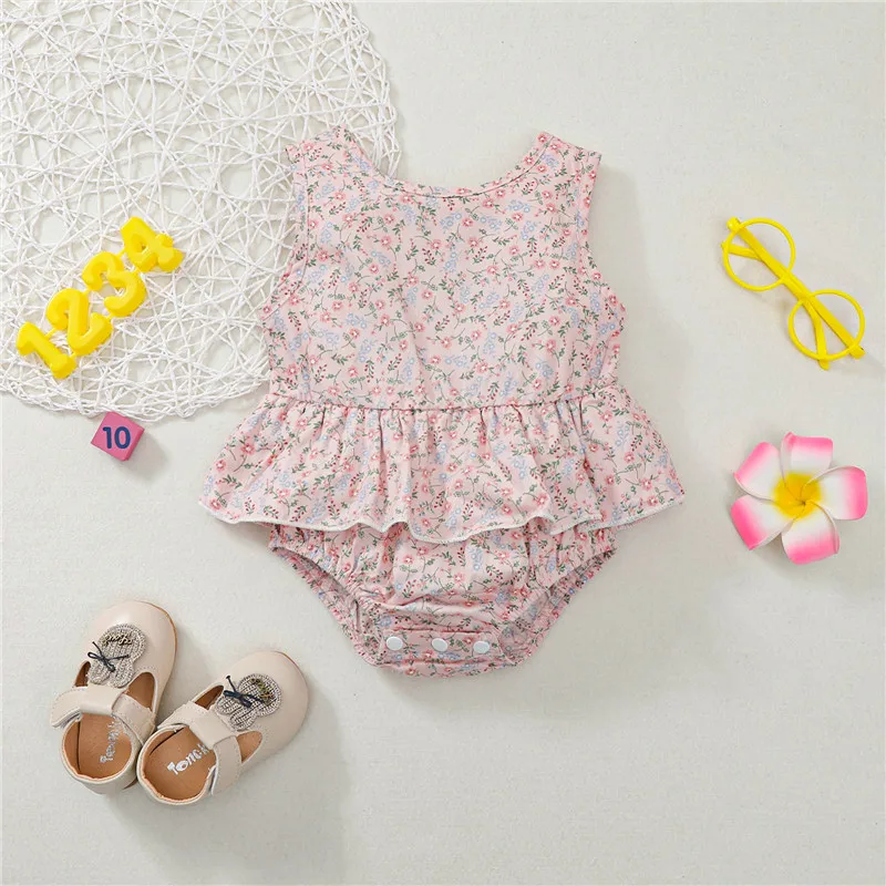

Newborn Infant Baby Girl\u2019s Fresh Floral Romper Fashion Round Neck Sleeveless Outfits Clothes Hem Jumpsuits Summer Casual