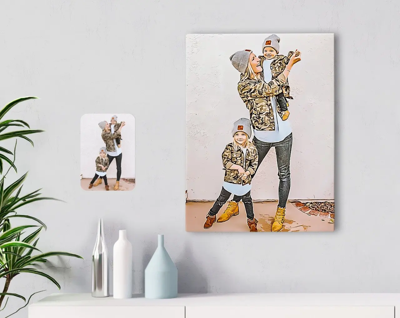 

Персонализированный полноразмерный холщовый стол с карикатурой мать дочь сын 30x50 см-1