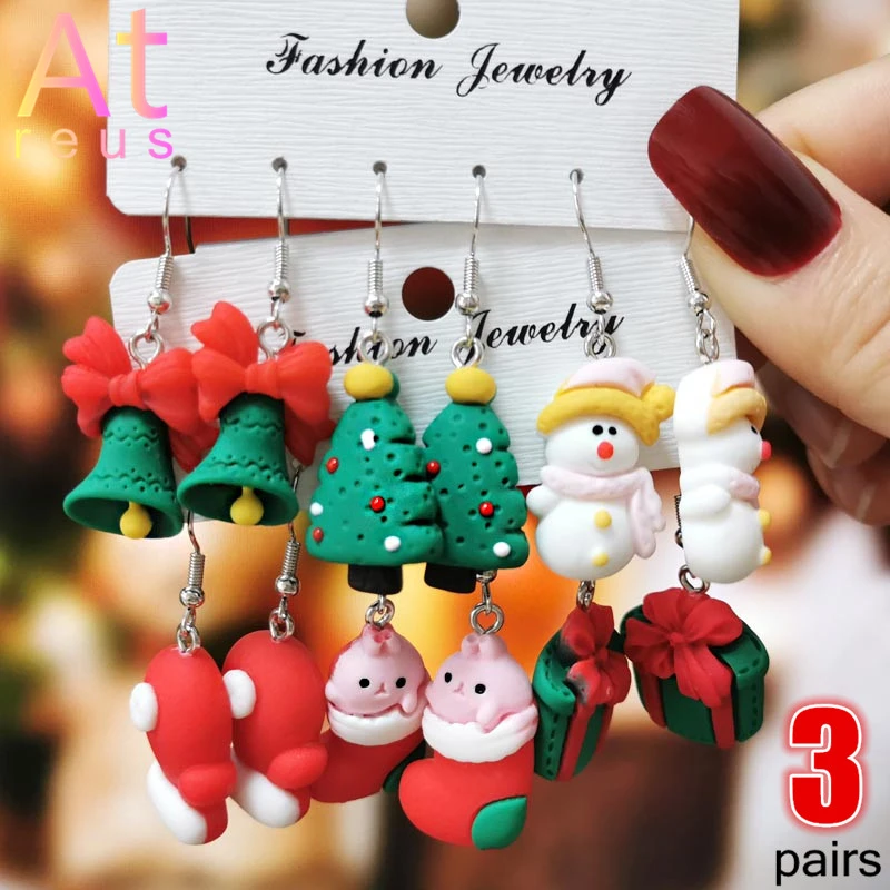 

3pairs Resin Cute Santa Claus Dangle Earrings Set for Women Girl Lovely Snowman Earrings Elk Jewelry for Christmas Family Gift