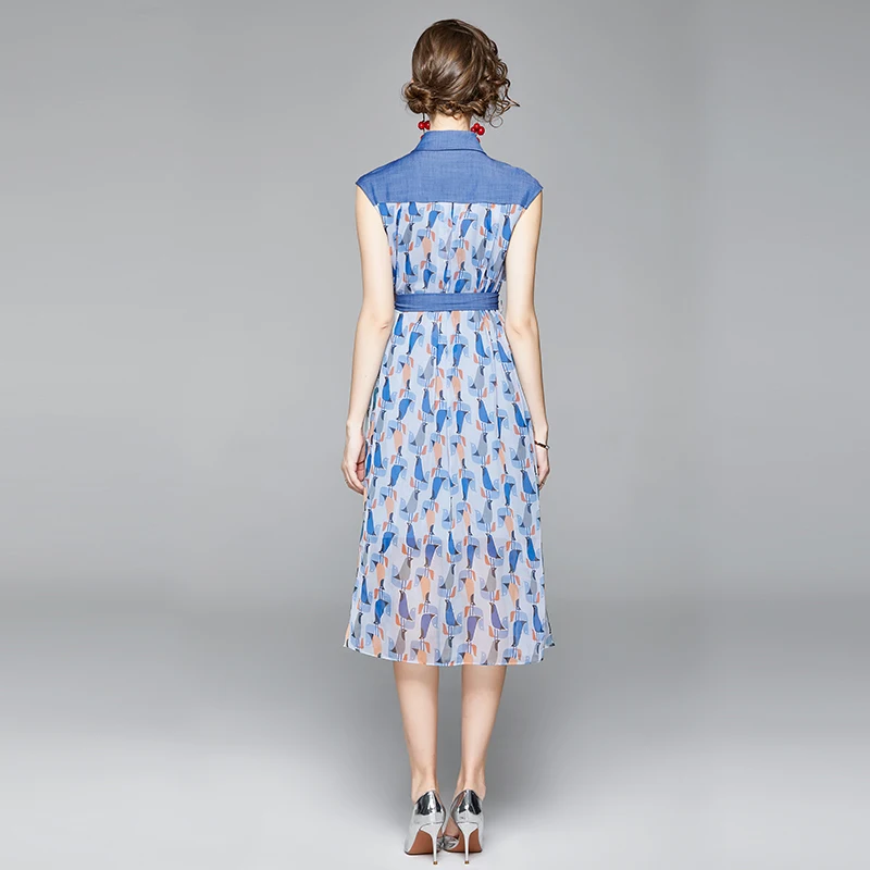 

Denim stitched bird print dress women's summer 2021 new lapel short-sleeved waist long skirt
