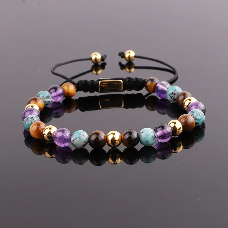

Natural Stone Bracelet 6mm Tiger Eye Amethyst Stainless Steel Beads Braided Friendship Bracelet Women Jewelry Gift