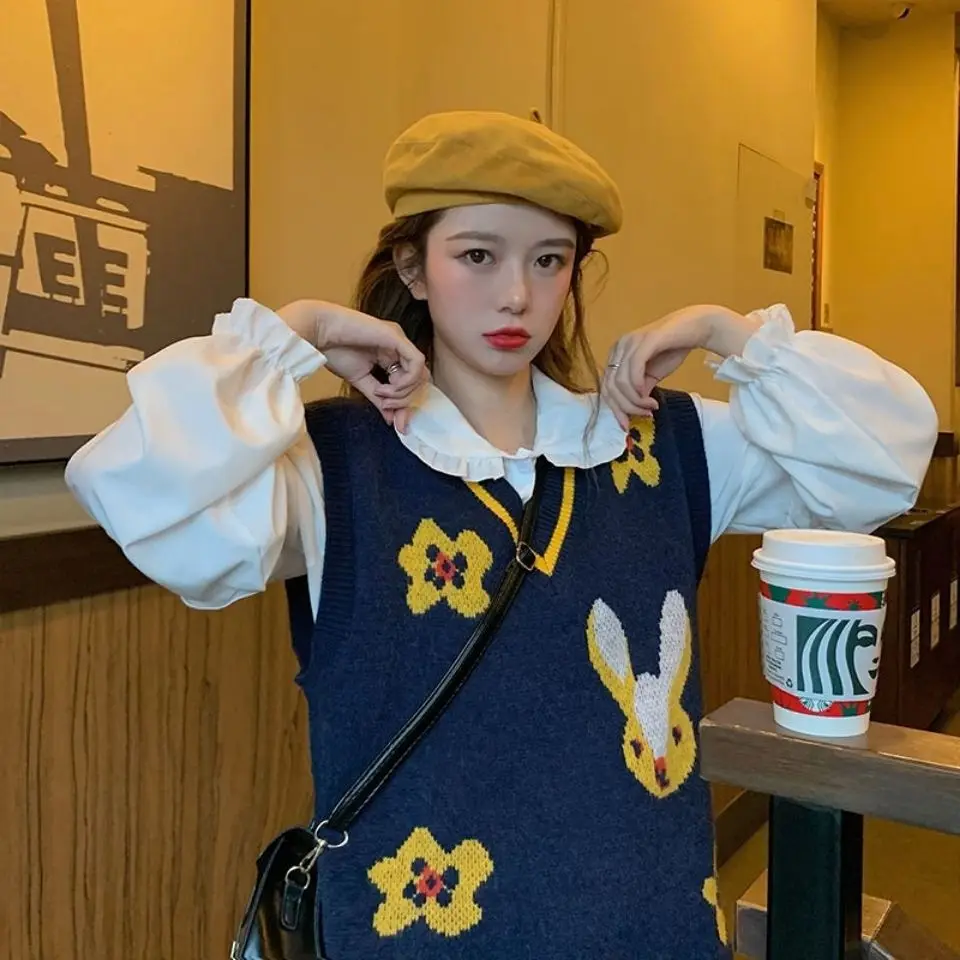 

Autumn Stripes Korean Vest Sweater Knitwear Women Cute Cartoon Loose V-Neck Sweater Waistcoat Pullover TT0265