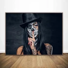 Современная Картина на холсте, настенные художественные плакаты, черный череп, тату, девушка, современная картина на стену, холсты, домашний декор, квадраты