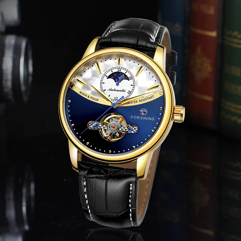 Forsining Tourbillon синие автоматические часы мужские классические Moonphase Дизайн Натуральная кожа Ремешок Водонепроницаемый Бизнес наручные часы подарок