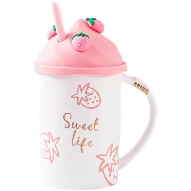 

Korean Kawaii Strawberry Water Cup Girl Heart Student Girlfriend Mug Cute Straw Ceramic Cup with Lid Creative Portable