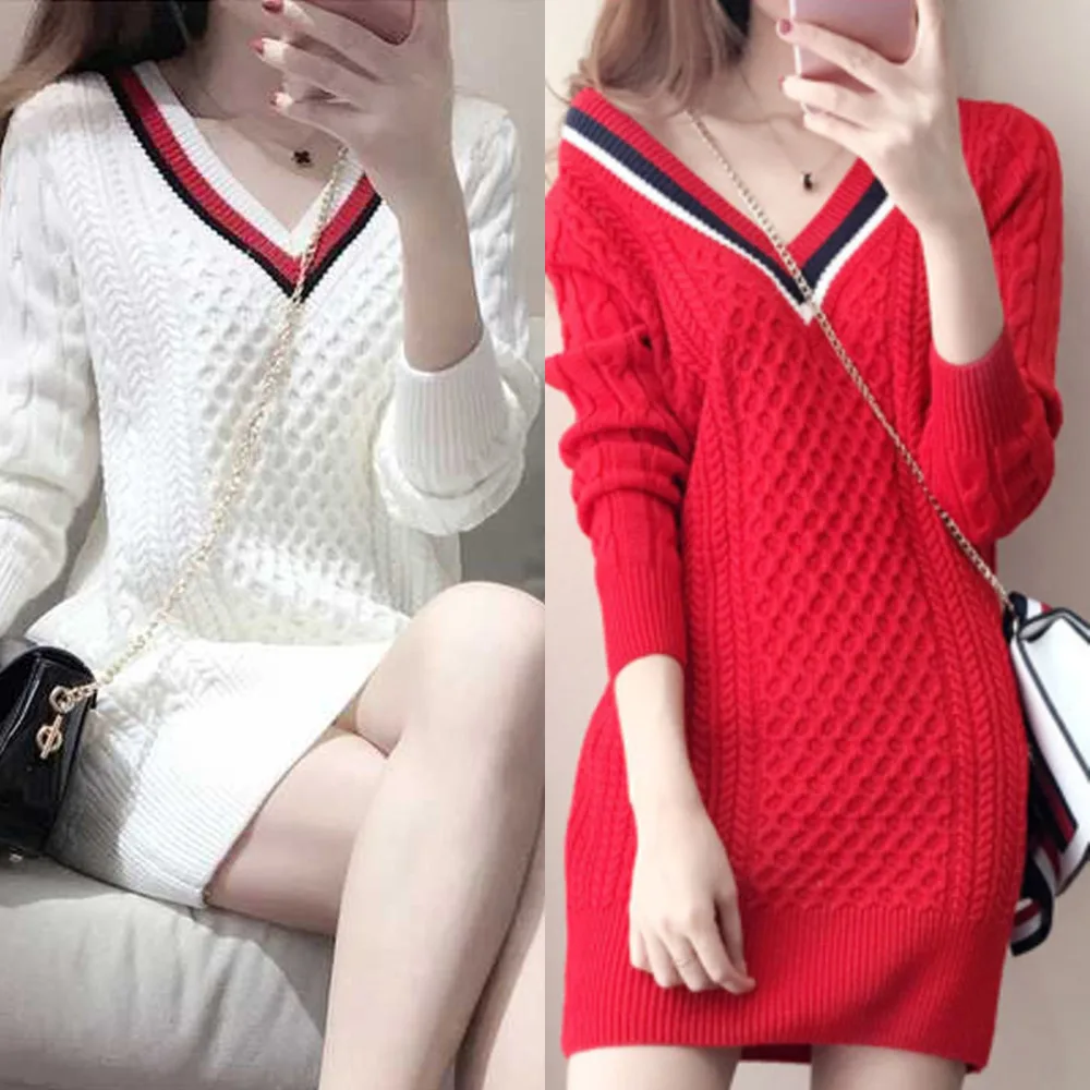 

2020 Autumn New Women's Fashion Sweet Slim Knit V-neck Patchwork Long Sleeve Above Knee Sweater Dress QB423