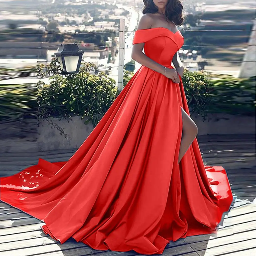 Formal Dress Off Shoulder High Slit Elegant Floor Length Prom for Wedding Plus Size Satin Party Dresses Glamorous Sexy 5XL | Женская