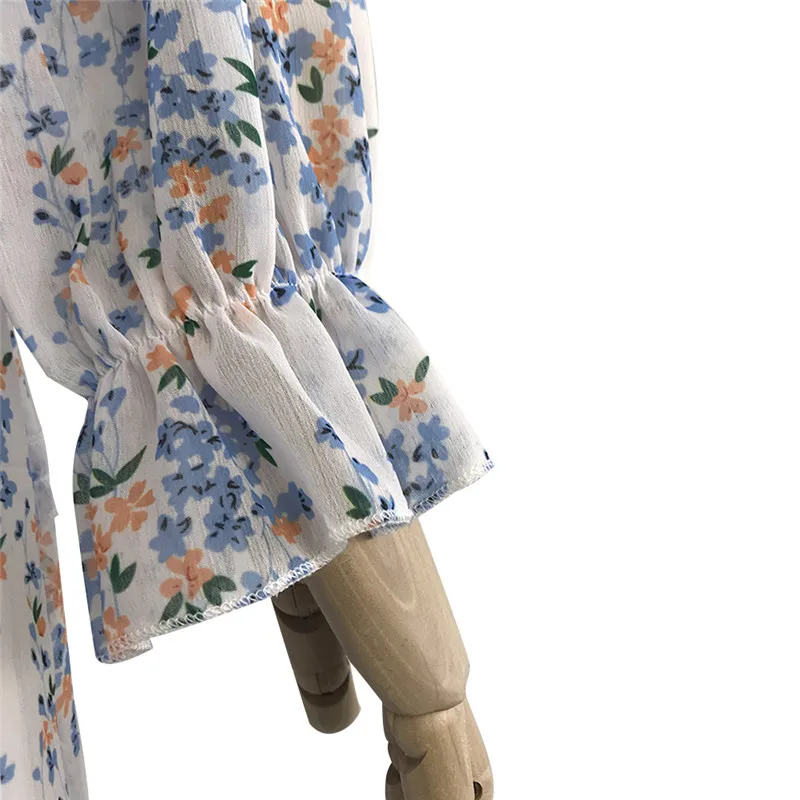 

Women Dress Elegant Ruffles Print V-neck Mini A-Line Chiffon Casual Fashion Dress Printed Lantern Sleeve Mini Dresses Vestidos