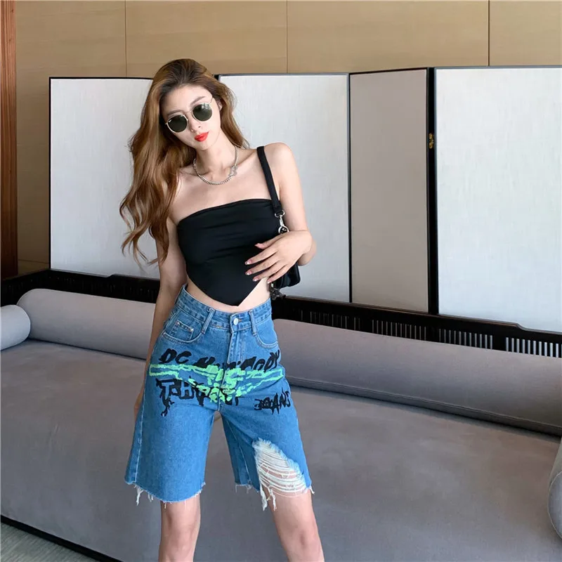 

High Waist Letters Graffiti Denim Half Shorts Bermuda Woman Y2K Summer Pockets Sexy Knee Length Hole Jeans Shorts Female P054