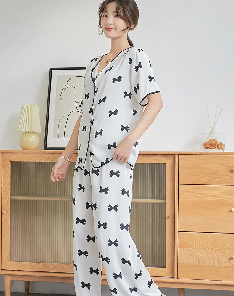 South Korea Summer Woman Pajamas Set Cotton Silk Short Sleeve Pajamas Thin Rayon Cotton Bowknot Woman Cardigan  Casual Home Wear