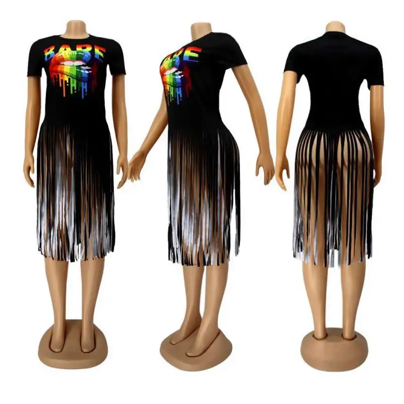 

2021 Summer Short Sleeved Fashion Tassel Casual T-Shirt O Collar Women 's T-shirt Printed Short Sleeved Fashion Trend Women