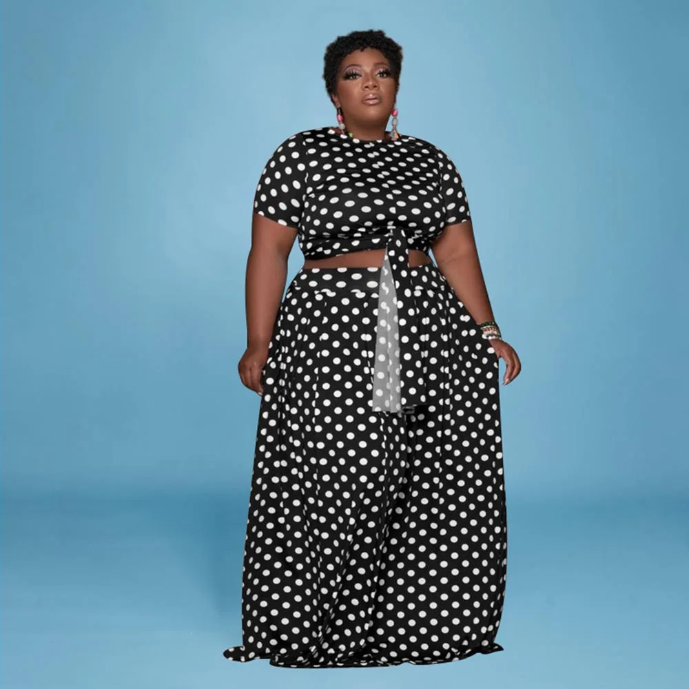 

2021 Polka Dot Printing African Plus Size Conjuntos Women Sets Skirt With Tops Clothing Two Piece Set Rompers