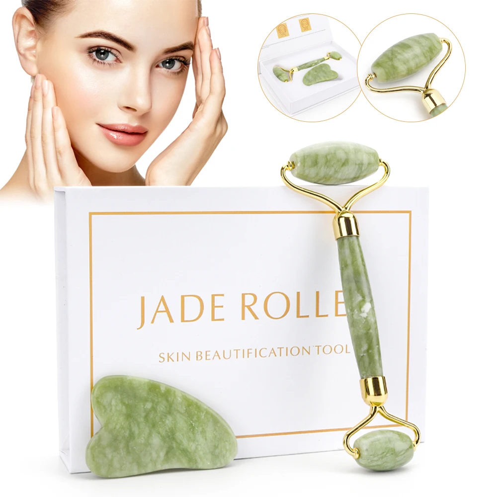 

Facial Jade Roller Gua Sha Massage Set Natural Stone Skin Tightening Anti Wrinkle Gua Sha Scraping Board Face Roller Massager