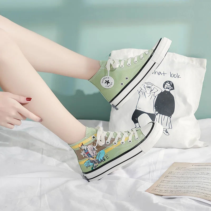 Женские холщовые кроссовки высокие кеды с мультяшным принтом на платформе
