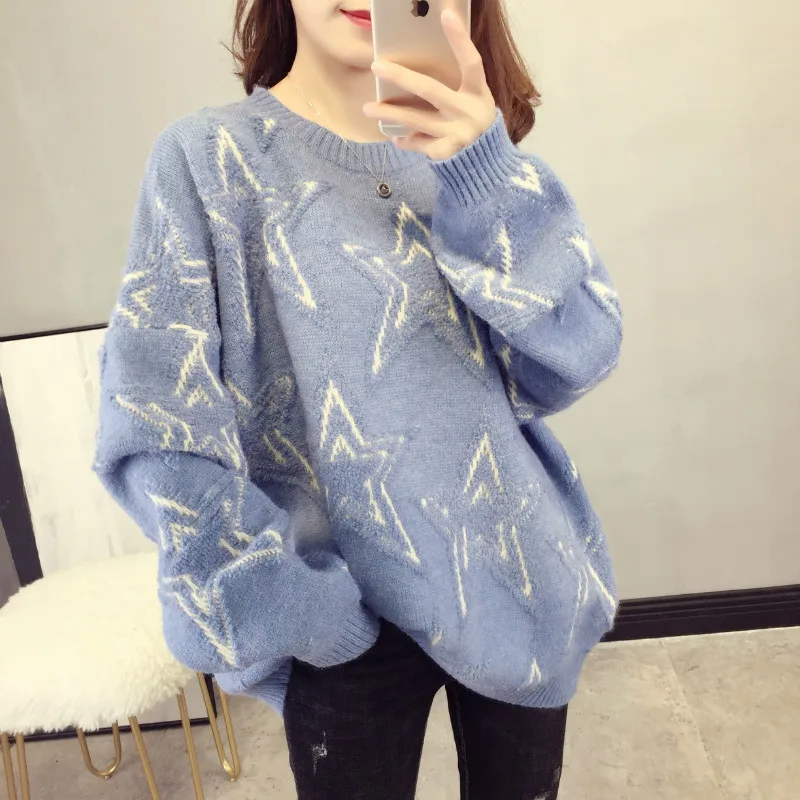 

2022 Autumn And Winter Women Sweater Loose Knitting Clothes Lazy Wind Round Neck Five-pointed Star Jacquard Pullover Women