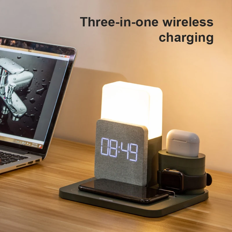 

Multifunction Wireless Charger Desktop Phone Charging Dock Station with Clock Night Lamp Function for Apple iPhone iWatch Airpod