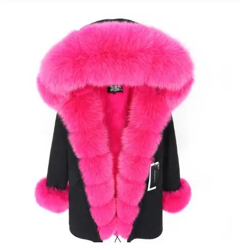 black rose fur Брендовая длинная шуба из натурального Лисьего меха со съемным воротником, женские зимние куртки, толстая теплая меховая парка, пальто из натурального меха - Цвет: black rose fur